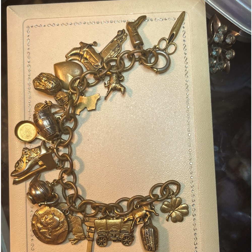 Vintage Brass Charm Bracelet with over 20 charms